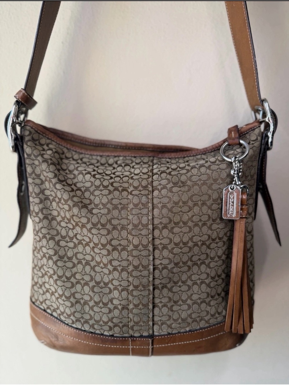 Coach Signature Jacquard Leather Trim Shoulder Bag Hobo Y2K F10417 Brown